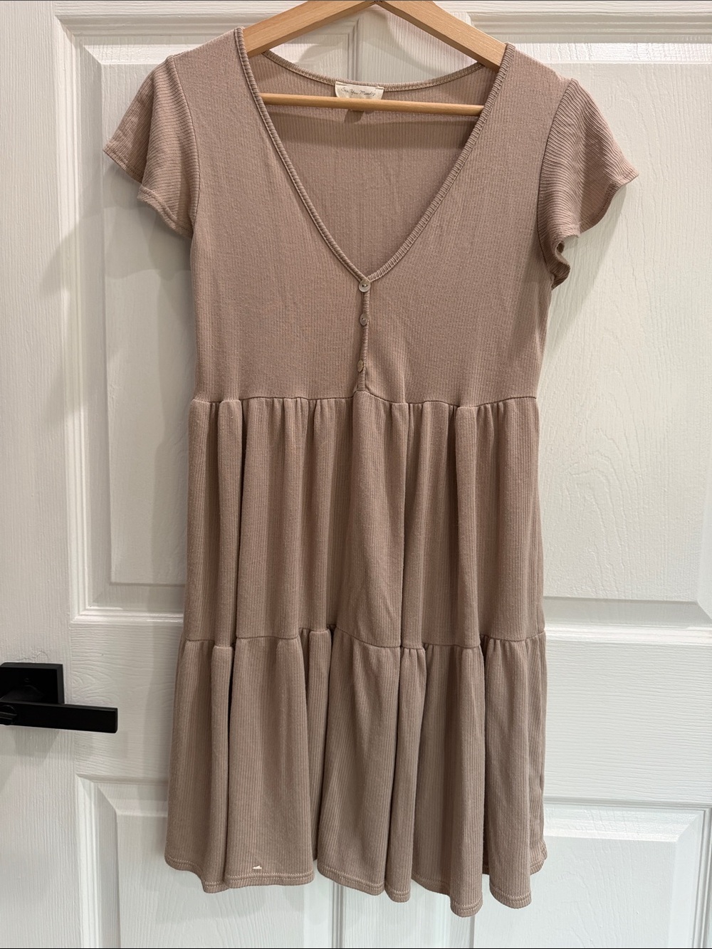 See You Monday Beige Tiered V-Neck Short Sleeve Dress